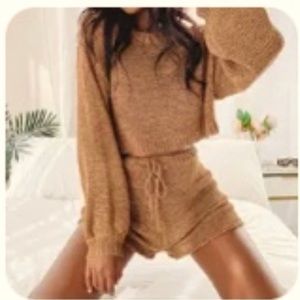 Womens 2 piece knit crop sweater shorts outfit Camel Tan Beige Medium or Large